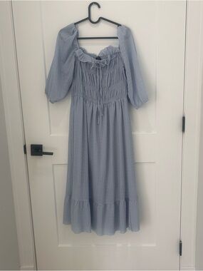 Powder Blue Smocked Midi Dress with Tie Neck - SHEIN